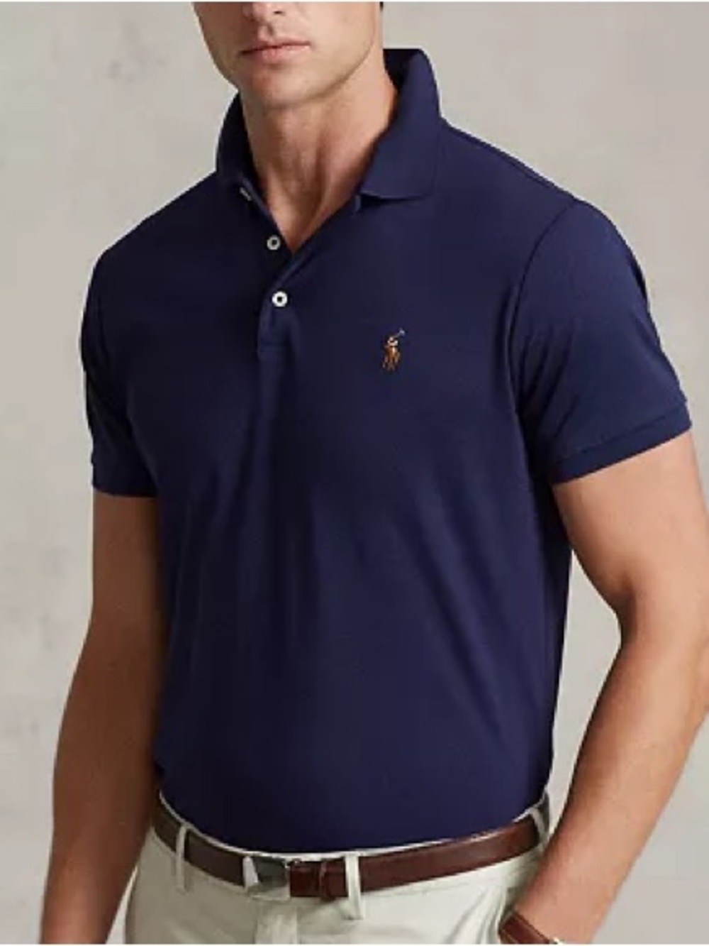 Ralph Lauren Slim Fit Soft Cotton Navy Polo with Tan Pony Embroidery L
